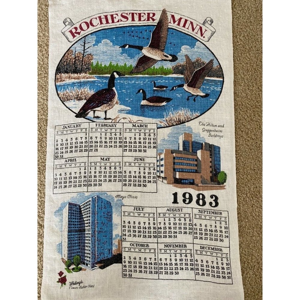 1983 Linen Souvenir Minnesota Calendar Tea Towel Ducks Vintage